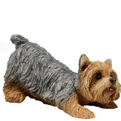 Yorkie Puppy Cut Figurine in Stretching Pose - Bronw - Black - Tan in Color