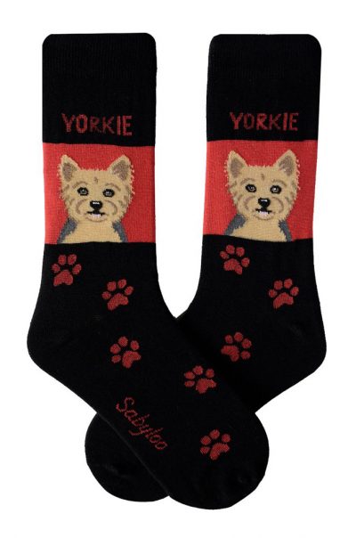 Yorkie Puppy Cut Socks on Red Background