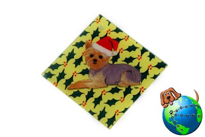 Yorkie Wearing Sant Hat Crystal Glass Ornament with Holly Design